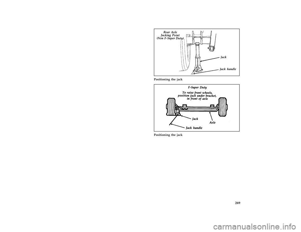 FORD F150 1996 10.G Owners Manual 269
*
[RE19900( F )04/89]
one third page art:0020306-A
Positioning the jack
*
[RE20000( F )01/89]
one third page art:0020307-A
Positioning the jack
File:ltref.ex
Update:Thu May  9 15:24:41 1996 