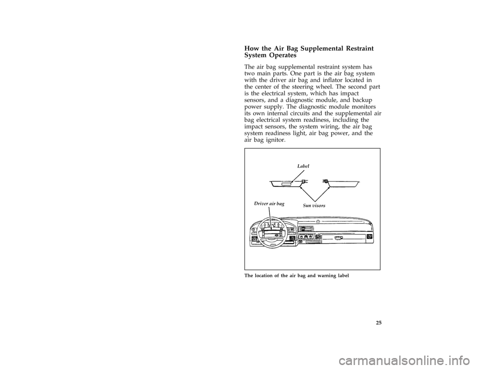 FORD F150 1996 10.G Owners Manual 25 %
*
[SR11800(BEF )01/95]
How the Air Bag Supplemental Restraint
System Operates
*
[SR11900(BEF )10/94]
The air bag supplemental restraint system has
two main parts. One part is the air bag system
w