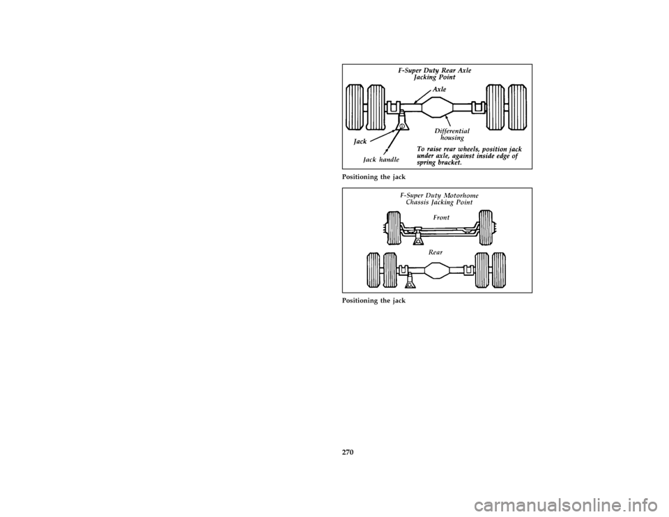 FORD F150 1996 10.G Owners Manual 270
*
[RE21000( F )12/91]
one third page art:0020308-B
Positioning the jack
*
[RE21100( FM)03/91]
one third page art:0020725-A
Positioning the jack
File:ltref.ex
Update:Thu May  9 15:24:41 1996 