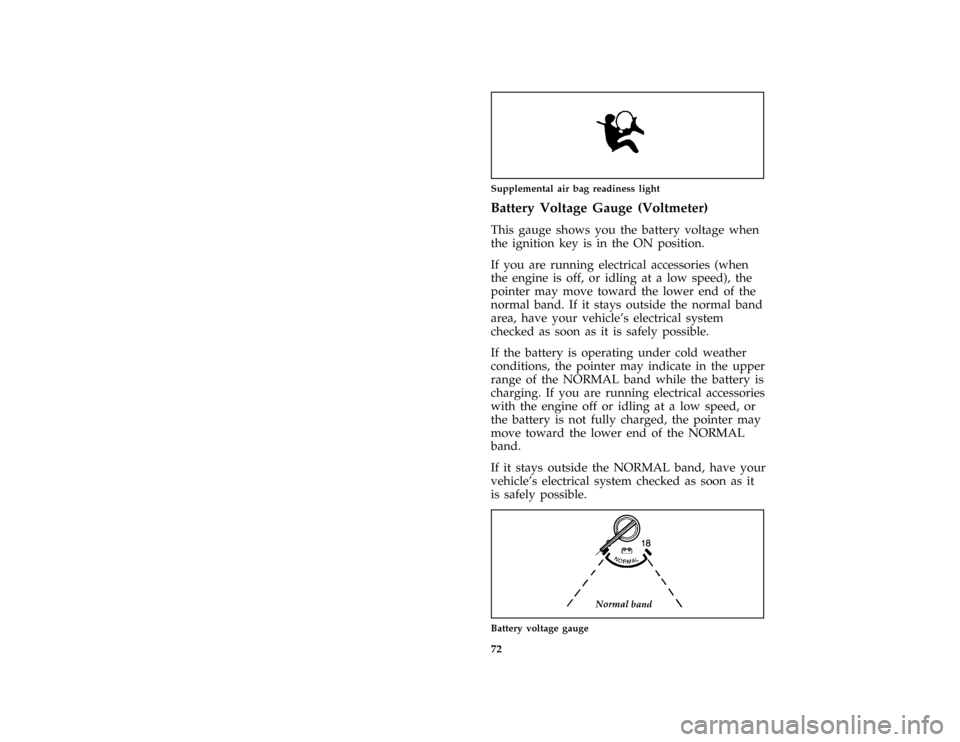 FORD F150 1996 10.G Manual PDF 72 [LG06320(B F )05/95]
one inch art:0000653-CSupplemental air bag readiness light
*
[LG06400( ALL)05/94]
Battery Voltage Gauge (Voltmeter)
*
[LG06601( ALL)05/94]
This gauge shows you the battery volt