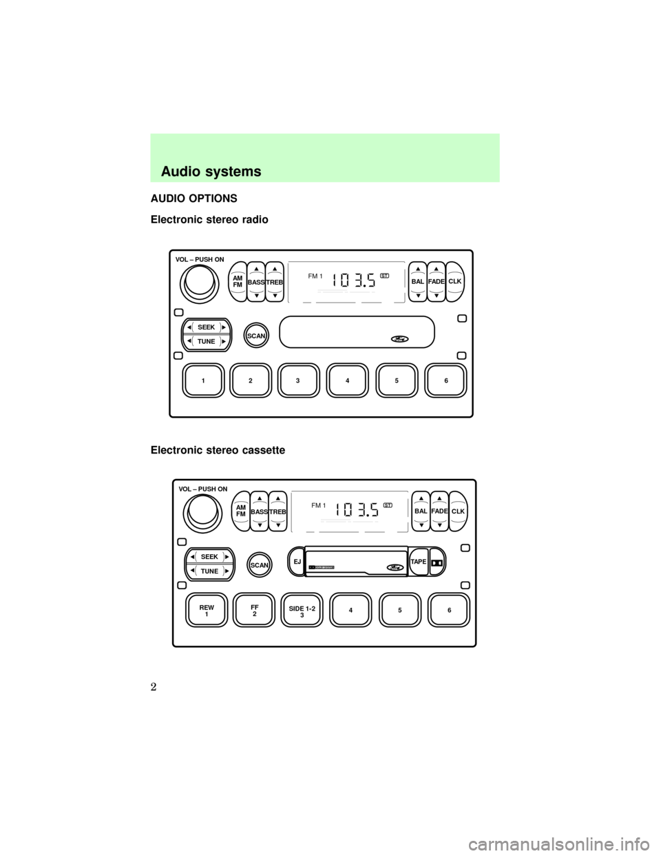 FORD F150 1997 10.G Audio Guide AUDIO OPTIONS
Electronic stereo radio
Electronic stereo cassette
FM 1ST
VOL – PUSH ON
AM
FMBASS TREBBAL FADECLK
SEEK
TUNESCAN
123 4 5 6
REW
1FF
2SIDE 1-2
3
FM 1ST
VOL – PUSH ON
AM
FMBASS TREBBAL F