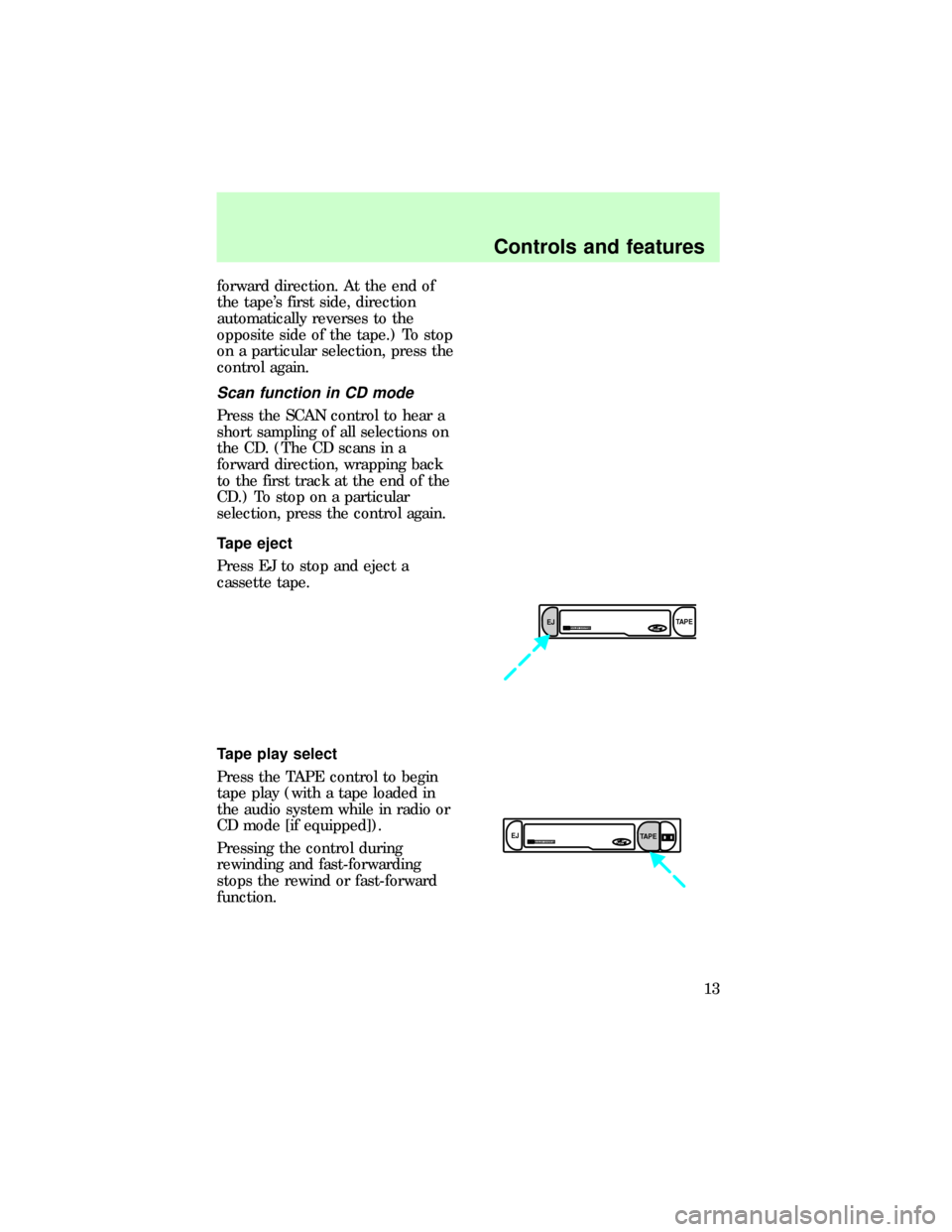 FORD F150 1997 10.G Audio Guide forward direction. At the end of
the tapes first side, direction
automatically reverses to the
opposite side of the tape.) To stop
on a particular selection, press the
control again.
Scan function in