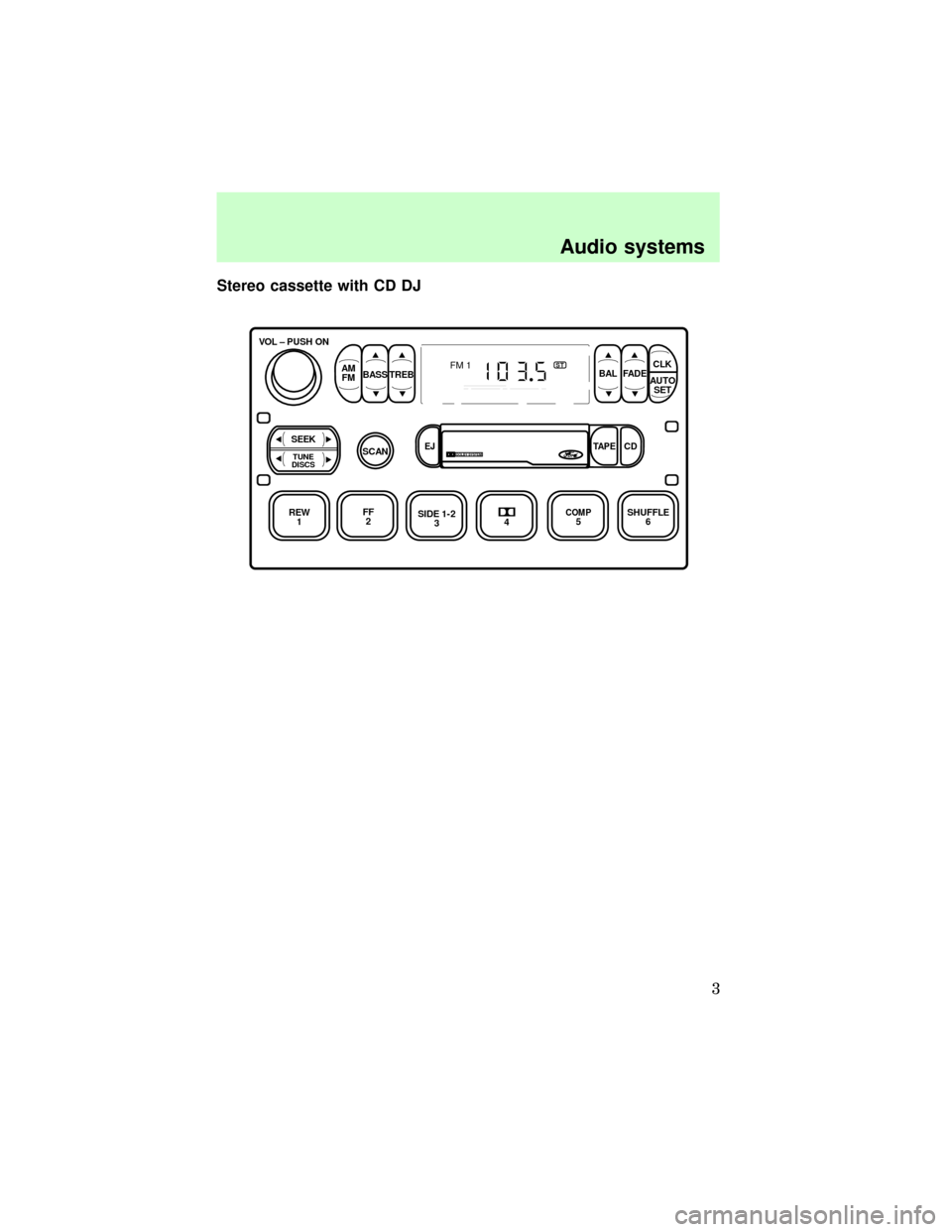 FORD F150 1997 10.G Audio Guide Stereo cassette with CD DJ
REW
1FF
2SIDE 1-2
3
FM 1ST
VOL – PUSH ON
AM
FMBASS TREBBAL FADE
AUTO
SET CLK
SEEK
TUNE
DISCSSCAN
4
DOLBY SYSTEMEJTAPE CD
COMP5SHUFFLE
6
Audio systems
3 