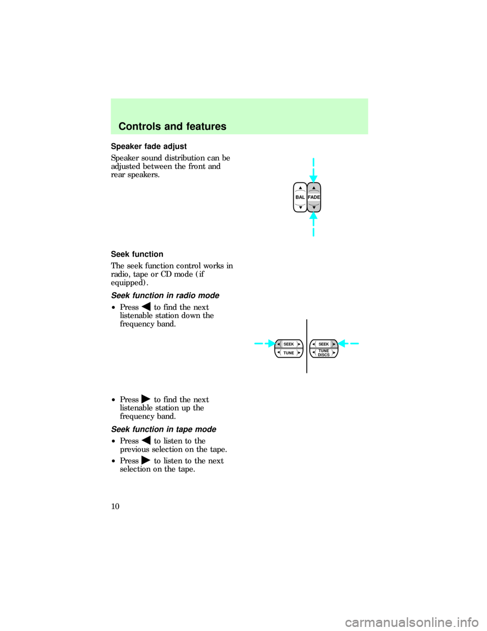 FORD F150 1997 10.G Audio Guide Speaker fade adjust
Speaker sound distribution can be
adjusted between the front and
rear speakers.
Seek function
The seek function control works in
radio, tape or CD mode (if
equipped).
Seek function