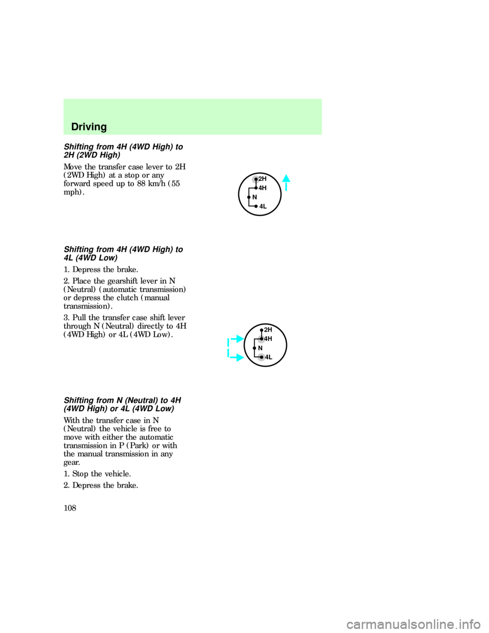 FORD F150 1997 10.G User Guide Shifting from 4H (4WD High) to
2H (2WD High)
Move the transfer case lever to 2H
(2WD High) at a stop or any
forward speed up to 88 km/h (55
mph).
Shifting from 4H (4WD High) to
4L (4WD Low)
1. Depress