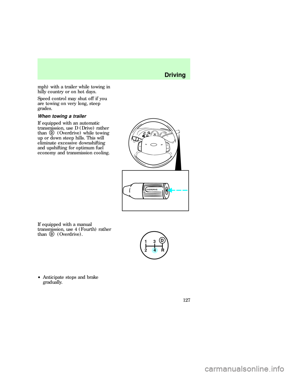FORD F150 1997 10.G Owners Manual mph) with a trailer while towing in
hilly country or on hot days.
Speed control may shut off if you
are towing on very long, steep
grades.
When towing a trailer
If equipped with an automatic
transmiss
