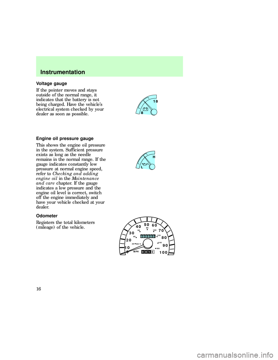 FORD F150 1997 10.G User Guide Voltage gauge
If the pointer moves and stays
outside of the normal range, it
indicates that the battery is not
being charged. Have the vehicles
electrical system checked by your
dealer as soon as pos