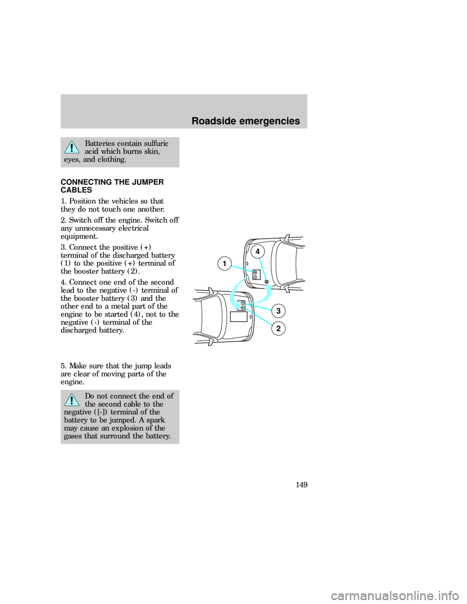 FORD F150 1997 10.G Owners Manual Batteries contain sulfuric
acid which burns skin,
eyes, and clothing.
CONNECTING THE JUMPER
CABLES
1. Position the vehicles so that
they do not touch one another.
2. Switch off the engine. Switch off
