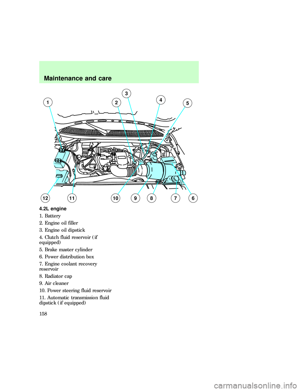 FORD F150 1997 10.G Owners Manual 4.2L engine
1. Battery
2. Engine oil filler
3. Engine oil dipstick
4. Clutch fluid reservoir (if
equipped)
5. Brake master cylinder
6. Power distribution box
7. Engine coolant recovery
reservoir
8. Ra