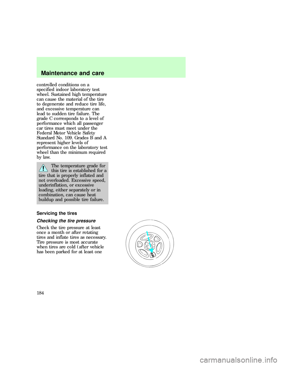 FORD F150 1997 10.G Owners Manual controlled conditions on a
specified indoor laboratory test
wheel. Sustained high temperature
can cause the material of the tire
to degenerate and reduce tire life,
and excessive temperature can
lead 