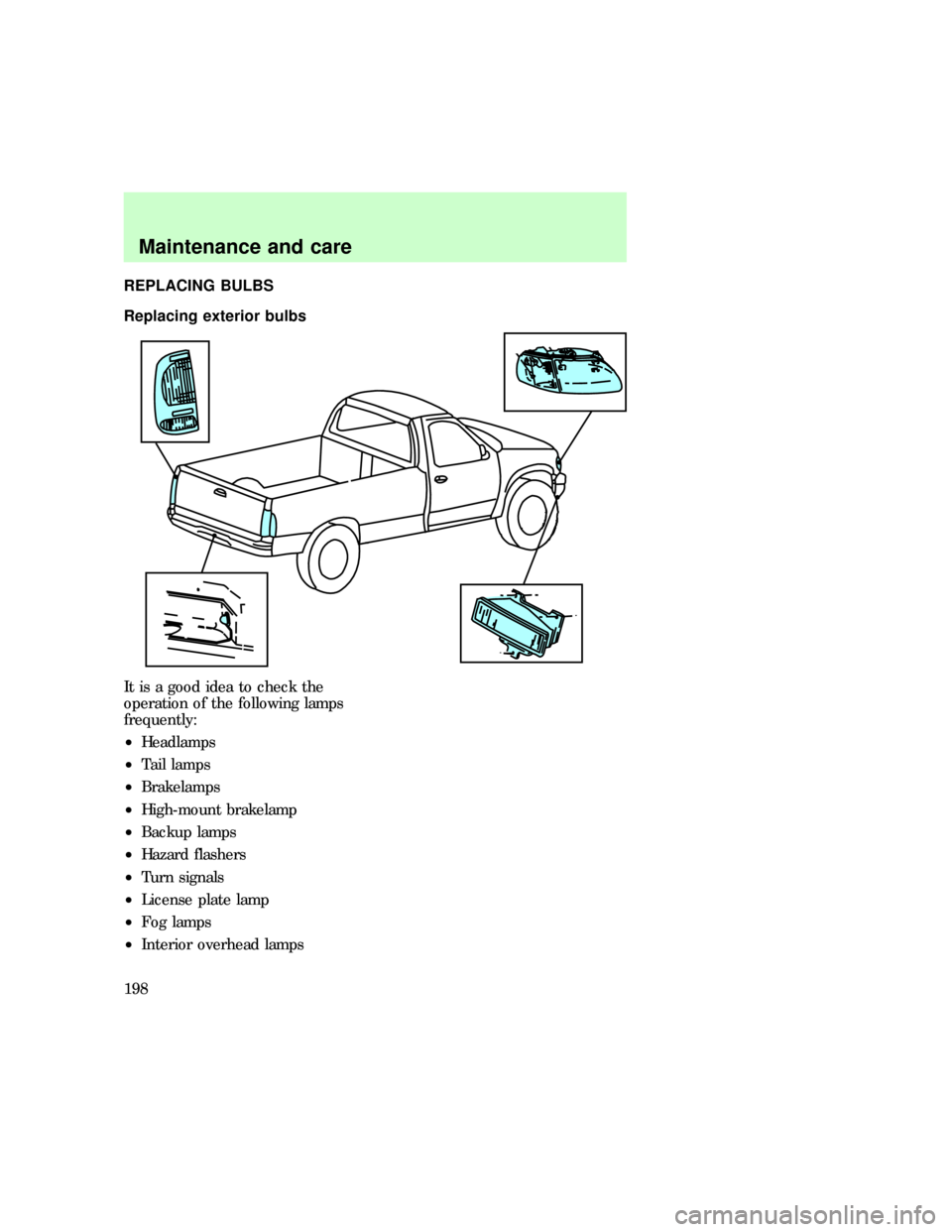 FORD F150 1997 10.G Owners Manual REPLACING BULBS
Replacing exterior bulbs
It is a good idea to check the
operation of the following lamps
frequently:
²Headlamps
²Tail lamps
²Brakelamps
²High-mount brakelamp
²Backup lamps
²Hazar