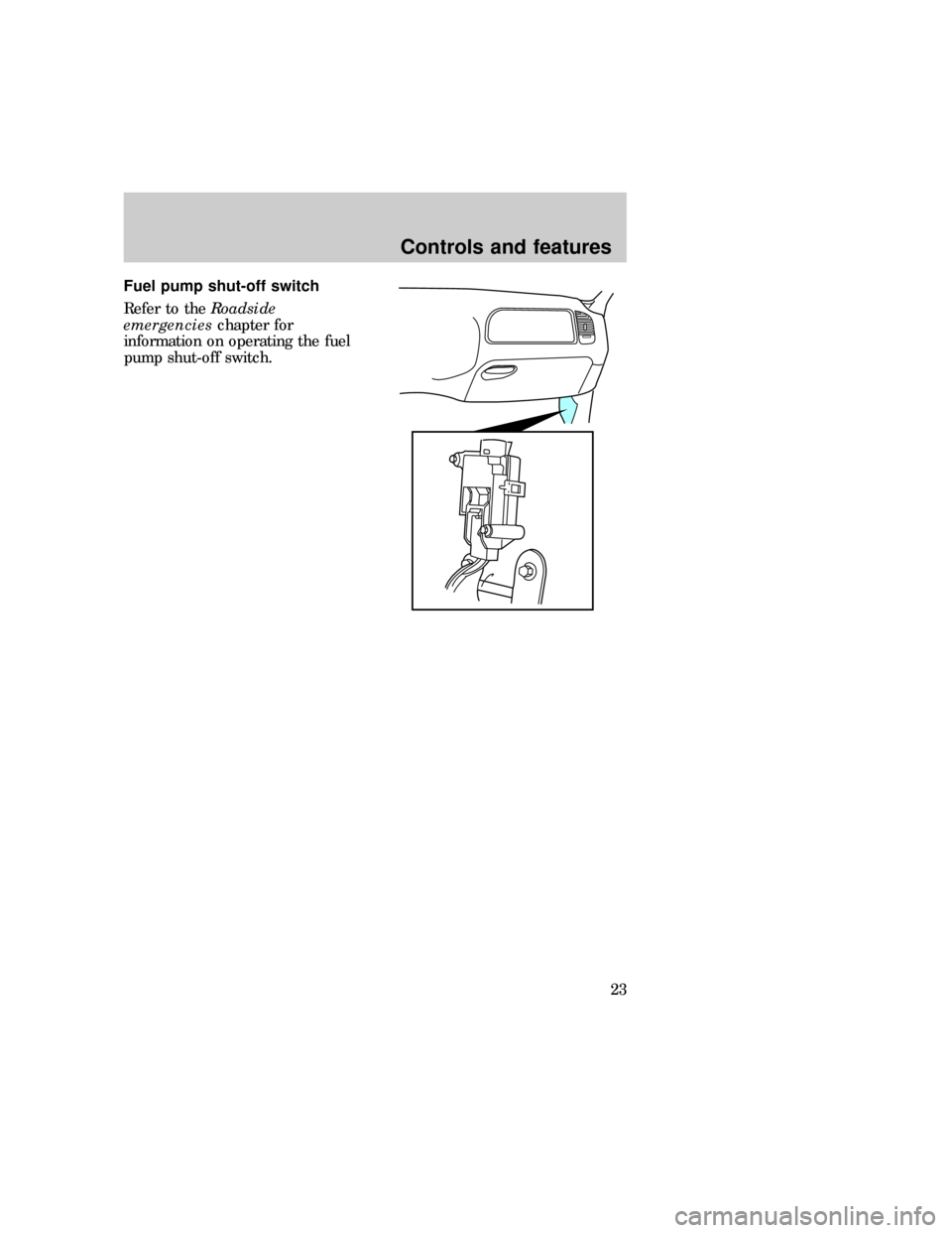 FORD F150 1997 10.G Owners Manual Fuel pump shut-off switch
Refer to theRoadside
emergencieschapter for
information on operating the fuel
pump shut-off switch.
f12_air_suspension
Controls and features
23 