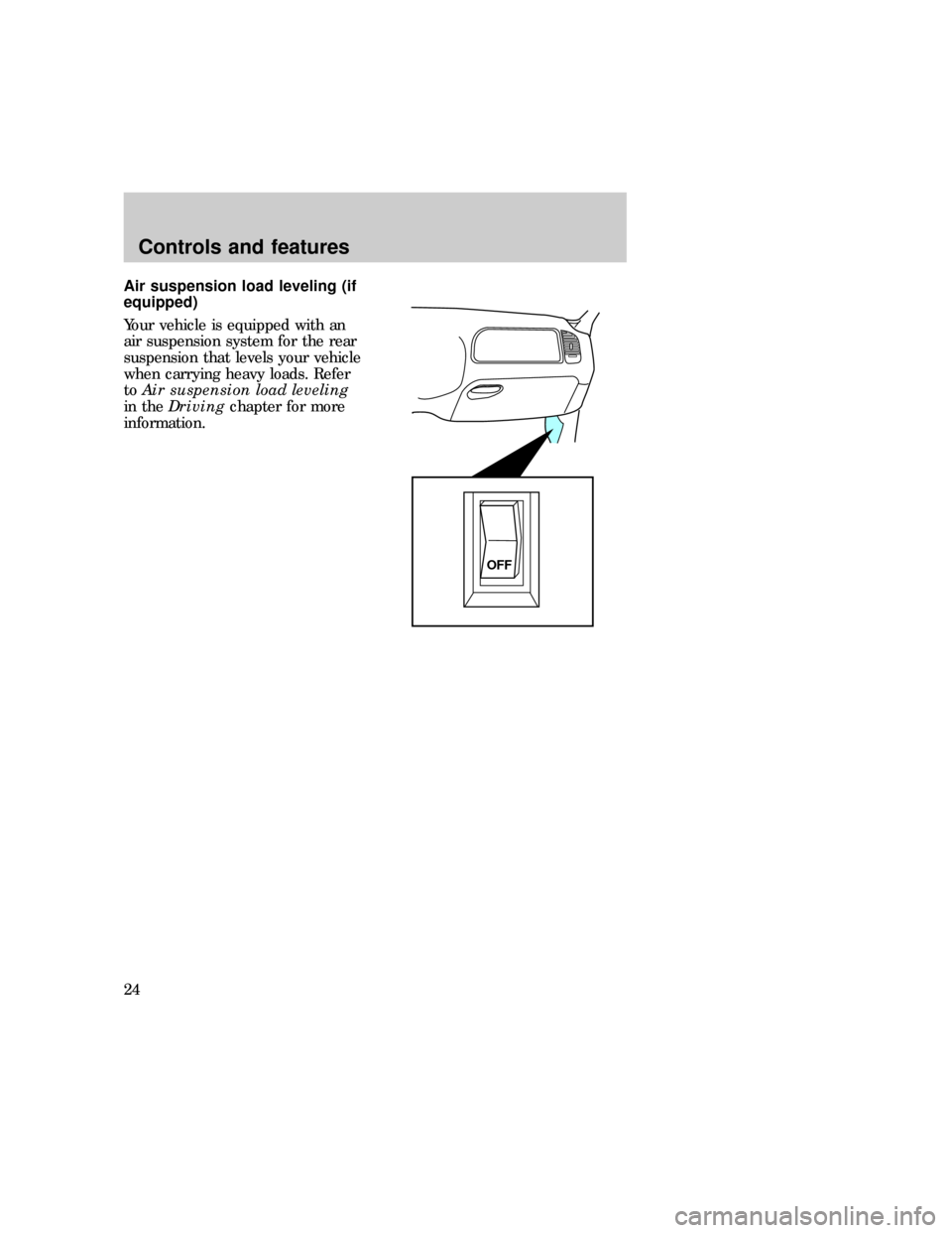 FORD F150 1997 10.G Owners Manual Air suspension load leveling (if
equipped)
Your vehicle is equipped with an
air suspension system for the rear
suspension that levels your vehicle
when carrying heavy loads. Refer
toAir suspension loa
