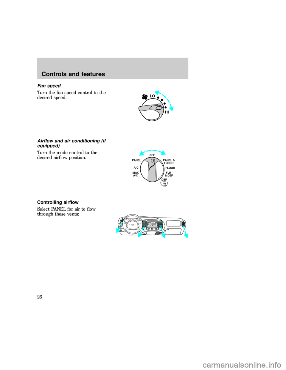 FORD F150 1997 10.G Owners Manual Fan speed
Turn the fan speed control to the
desired speed.
Airflow and air conditioning (if
equipped)
Turn the mode control to the
desired airflow position.
Controlling airflow
Select PANEL for air to