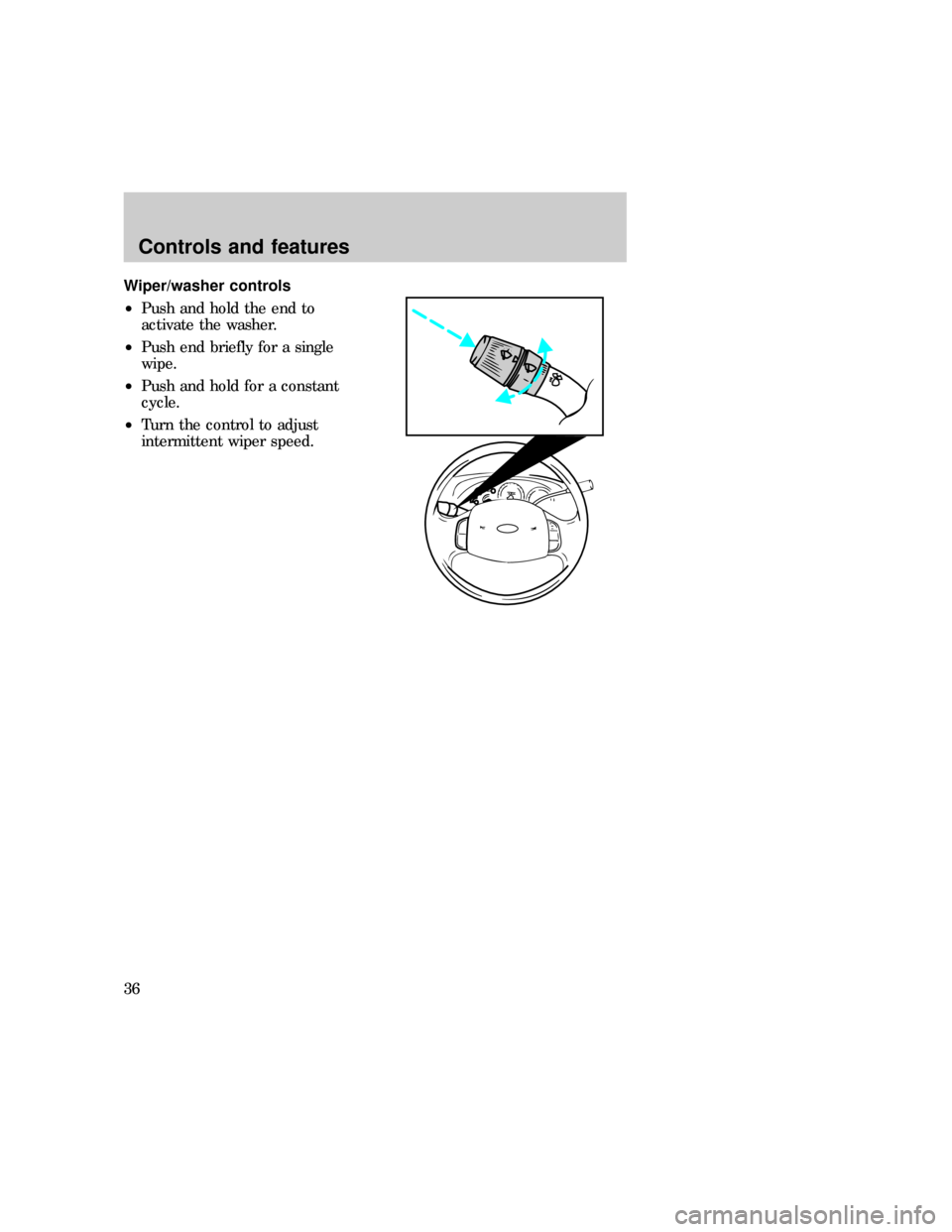 FORD F150 1997 10.G Owners Guide Wiper/washer controls
²Push and hold the end to
activate the washer.
²Push end briefly for a single
wipe.
²Push and hold for a constant
cycle.
²Turn the control to adjust
intermittent wiper speed.