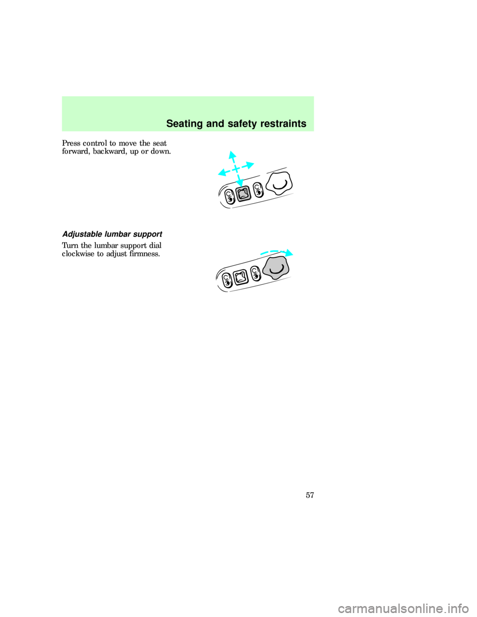 FORD F150 1997 10.G Workshop Manual Press control to move the seat
forward, backward, up or down.
Adjustable lumbar support
Turn the lumbar support dial
clockwise to adjust firmness.
f12_adjust_lumbar
f12_rear_bench
Seating and safety r