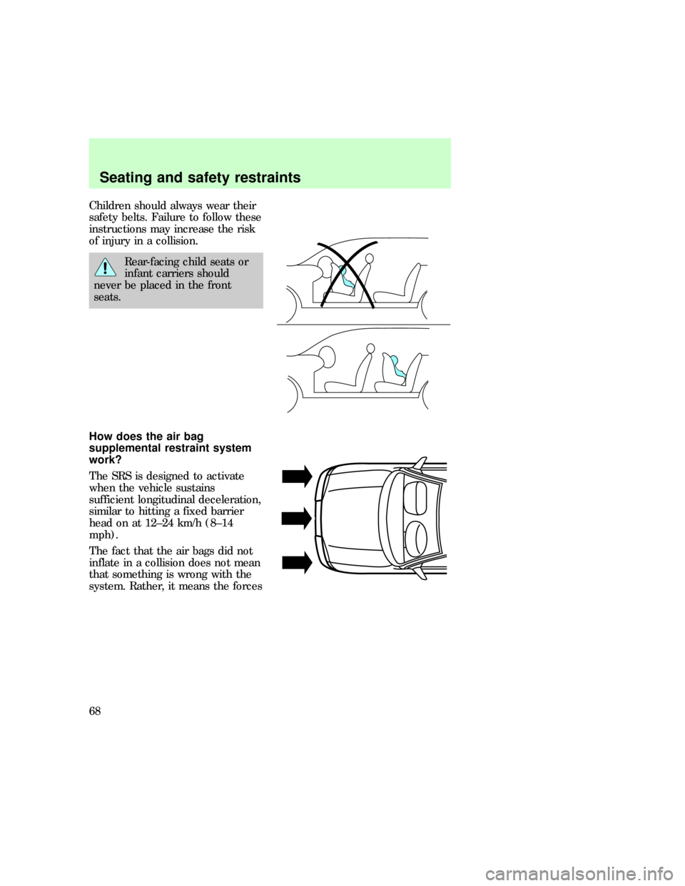 FORD F150 1997 10.G Owners Manual Children should always wear their
safety belts. Failure to follow these
instructions may increase the risk
of injury in a collision.
Rear-facing child seats or
infant carriers should
never be placed i