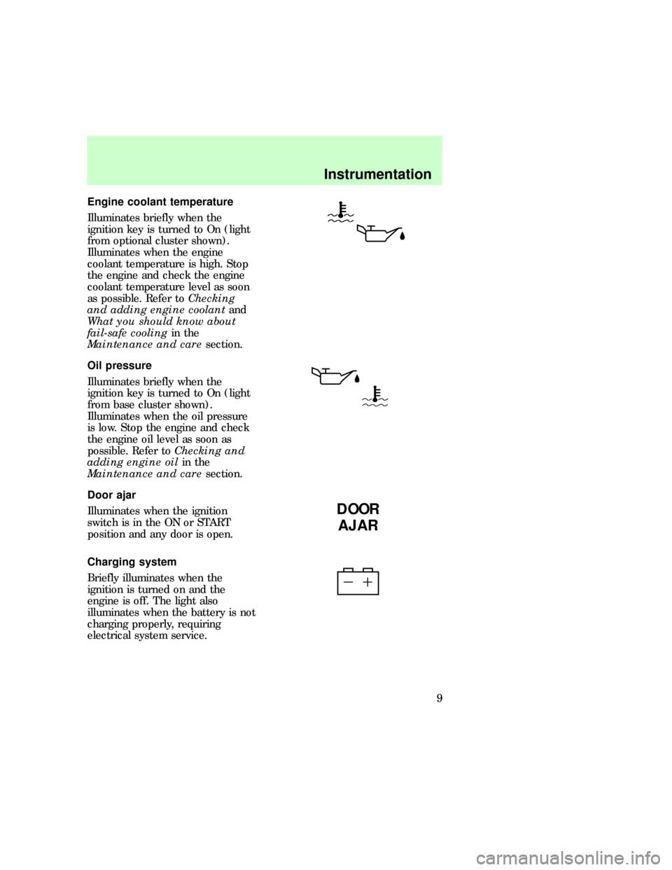 FORD F150 1997 10.G Owners Manual Engine coolant temperature
Illuminates briefly when the
ignition key is turned to On (light
from optional cluster shown).
Illuminates when the engine
coolant temperature is high. Stop
the engine and c