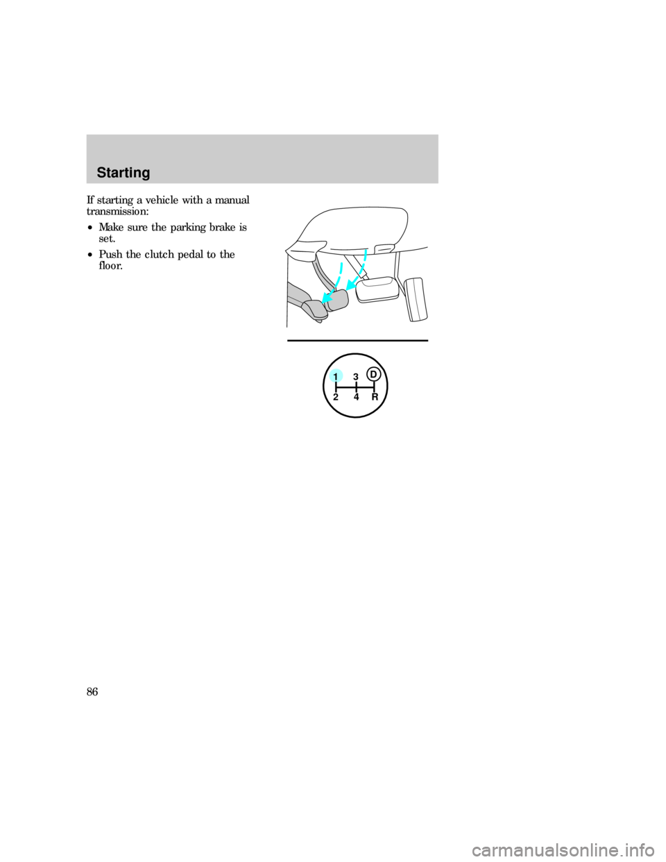 FORD F150 1997 10.G Owners Manual If starting a vehicle with a manual
transmission:
²Make sure the parking brake is
set.
²Push the clutch pedal to the
floor.
1
24R3D
Starting
86 