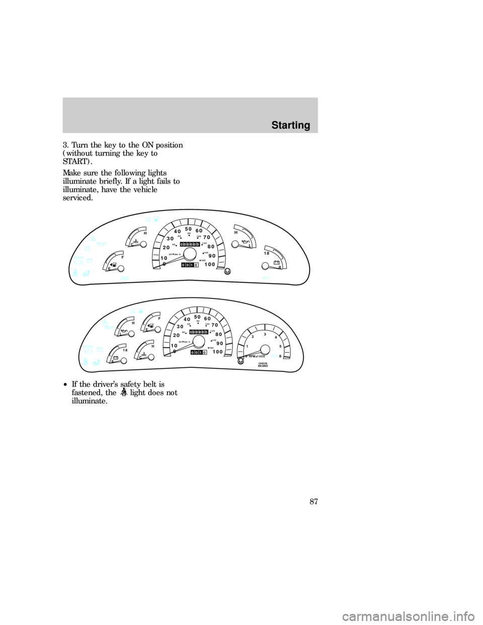 FORD F150 1997 10.G Manual Online 3. Turn the key to the ON position
(without turning the key to
START).
Make sure the following lights
illuminate briefly. If a light fails to
illuminate, have the vehicle
serviced.
²If the drivers s FORD F150 1997 10.G Manual Online 3. Turn the key to the ON position
(without turning the key to
START).
Make sure the following lights
illuminate briefly. If a light fails to
illuminate, have the vehicle
serviced.
²If the drivers s