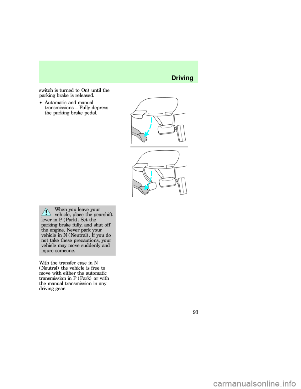 FORD F150 1997 10.G Owners Manual switch is turned to On) until the
parking brake is released.
²Automatic and manual
transmissions ± Fully depress
the parking brake pedal.
When you leave your
vehicle, place the gearshift
lever in P 