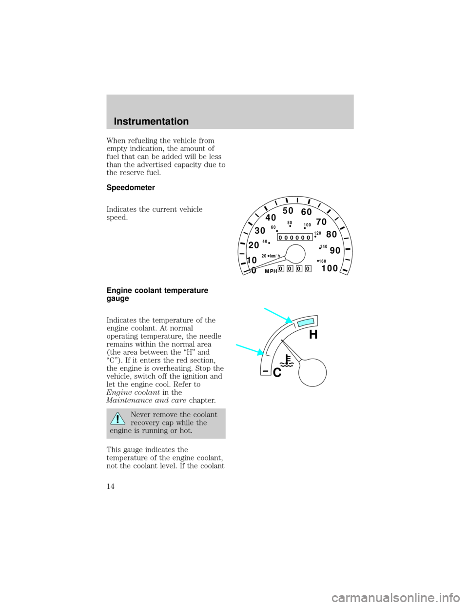 FORD F150 1998 10.G Owners Manual When refueling the vehicle from
empty indication, the amount of
fuel that can be added will be less
than the advertised capacity due to
the reserve fuel.
Speedometer
Indicates the current vehicle
spee