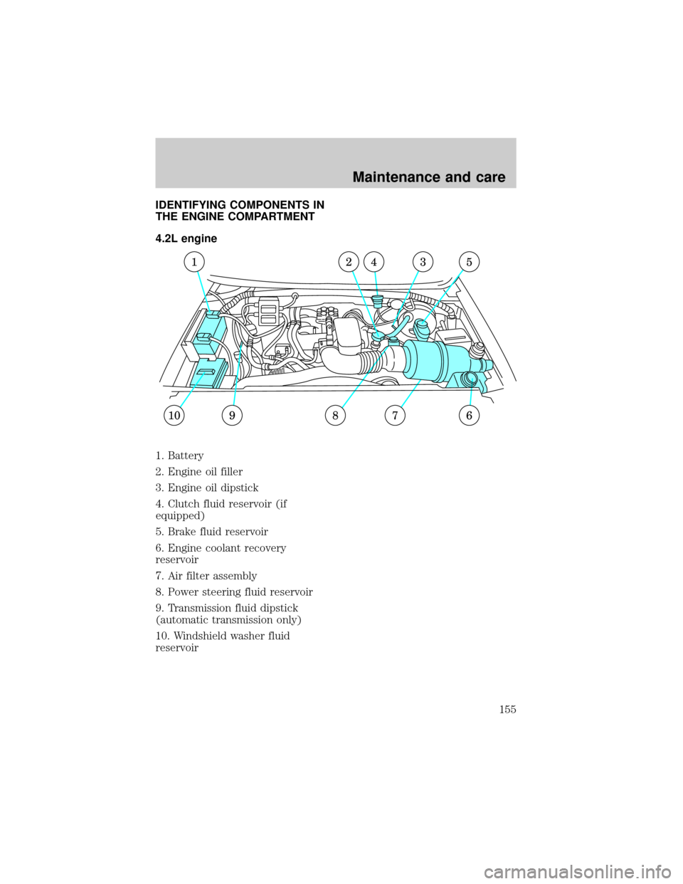 FORD F150 1998 10.G Owners Manual IDENTIFYING COMPONENTS IN
THE ENGINE COMPARTMENT
4.2L engine
1. Battery
2. Engine oil filler
3. Engine oil dipstick
4. Clutch fluid reservoir (if
equipped)
5. Brake fluid reservoir
6. Engine coolant r