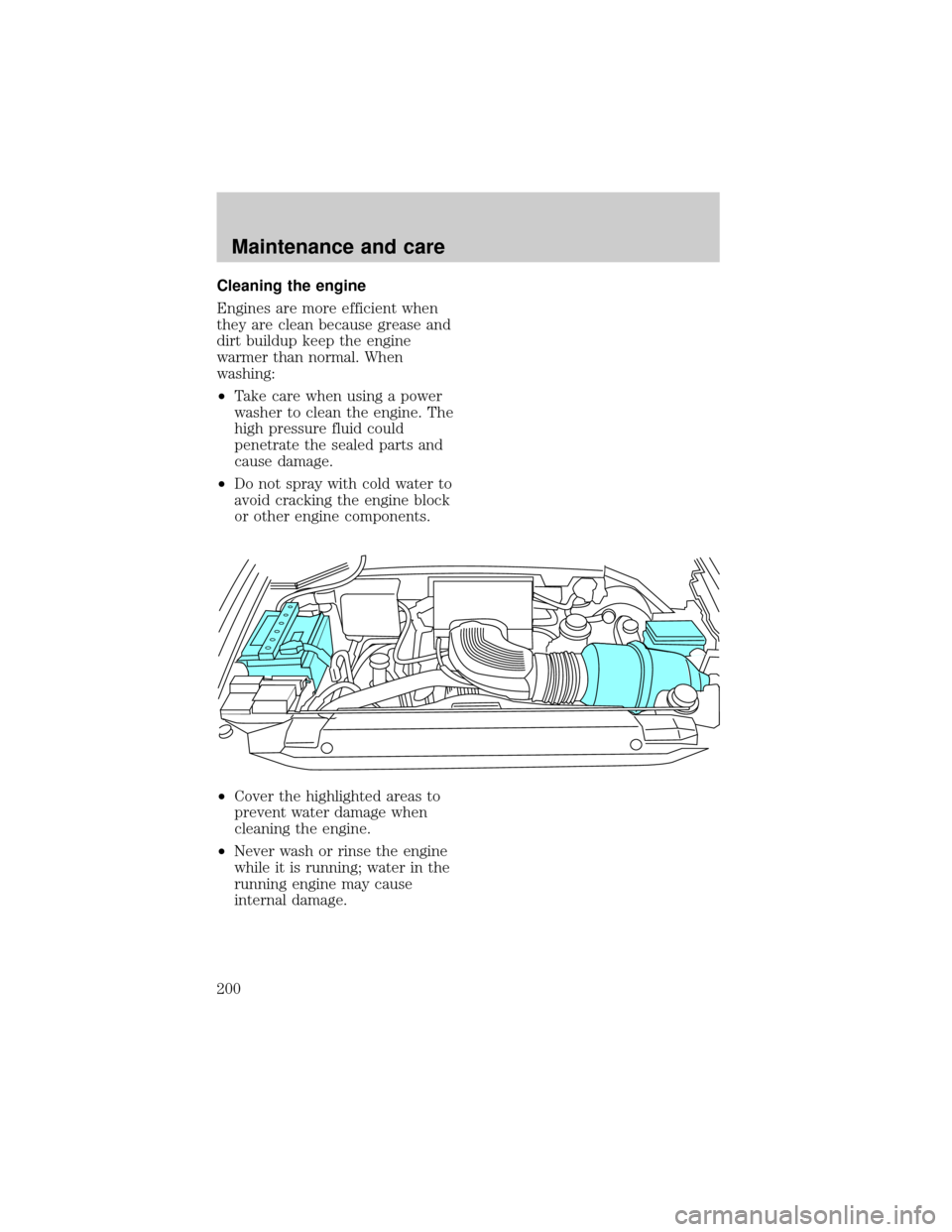 FORD F150 1998 10.G Owners Manual Cleaning the engine
Engines are more efficient when
they are clean because grease and
dirt buildup keep the engine
warmer than normal. When
washing:
²Take care when using a power
washer to clean the 