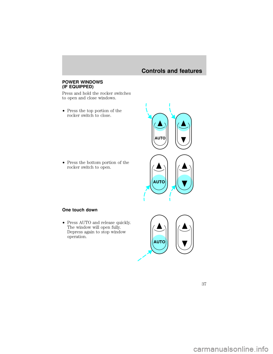 FORD F150 1998 10.G Owners Guide POWER WINDOWS
(IF EQUIPPED)
Press and hold the rocker switches
to open and close windows.
²Press the top portion of the
rocker switch to close.
²Press the bottom portion of the
rocker switch to open