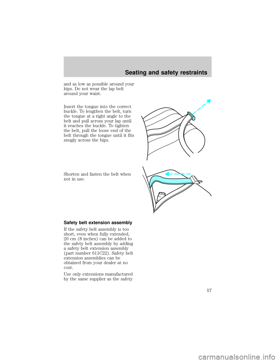 FORD F150 1998 10.G Workshop Manual and as low as possible around your
hips. Do not wear the lap belt
around your waist.
Insert the tongue into the correct
buckle. To lengthen the belt, turn
the tongue at a right angle to the
belt and p