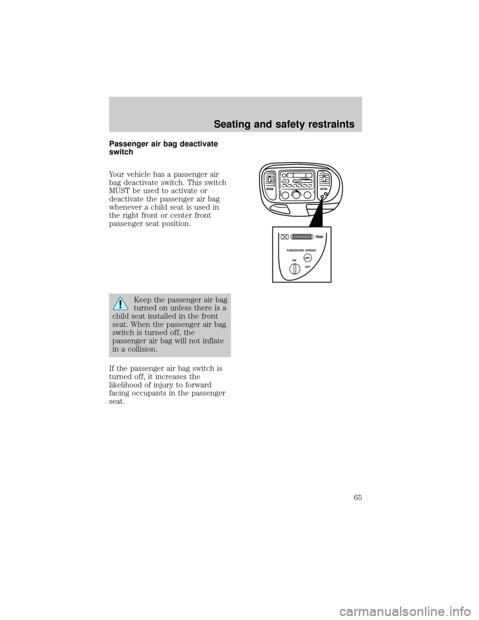 FORD F150 1998 10.G Repair Manual Passenger air bag deactivate
switch
Your vehicle has a passenger air
bag deactivate switch. This switch
MUST be used to activate or
deactivate the passenger air bag
whenever a child seat is used in
th