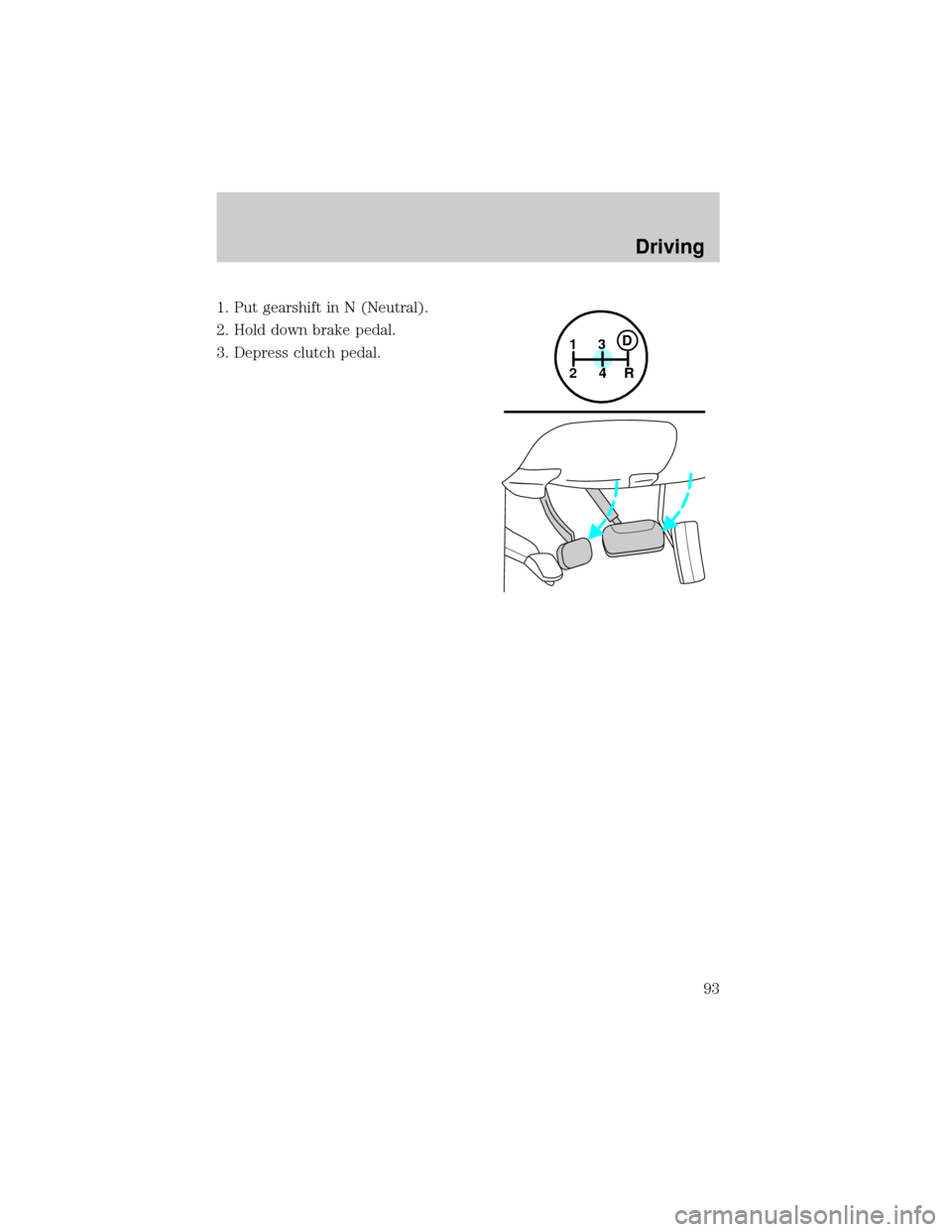 FORD F150 1998 10.G Owners Manual 1. Put gearshift in N (Neutral).
2. Hold down brake pedal.
3. Depress clutch pedal.
1
24R3D
Driving
93 