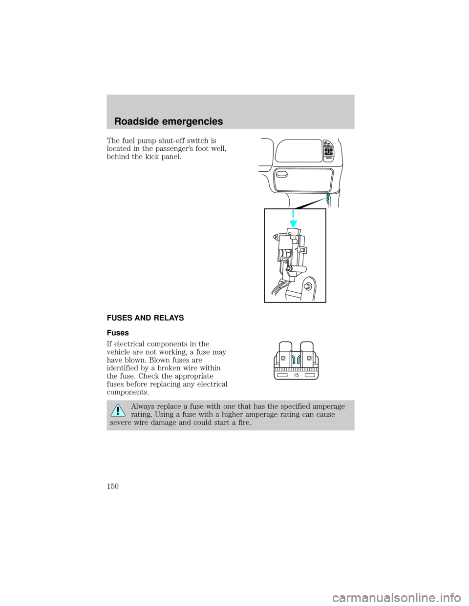 FORD F150 1999 10.G Owners Manual The fuel pump shut-off switch is
located in the passengers foot well,
behind the kick panel.
FUSES AND RELAYS
Fuses
If electrical components in the
vehicle are not working, a fuse may
have blown. Blo