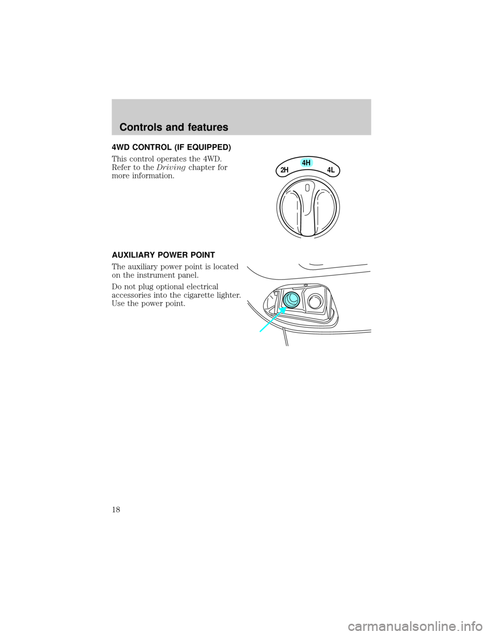FORD F150 1999 10.G User Guide 4WD CONTROL (IF EQUIPPED)
This control operates the 4WD.
Refer to theDrivingchapter for
more information.
AUXILIARY POWER POINT
The auxiliary power point is located
on the instrument panel.
Do not plu