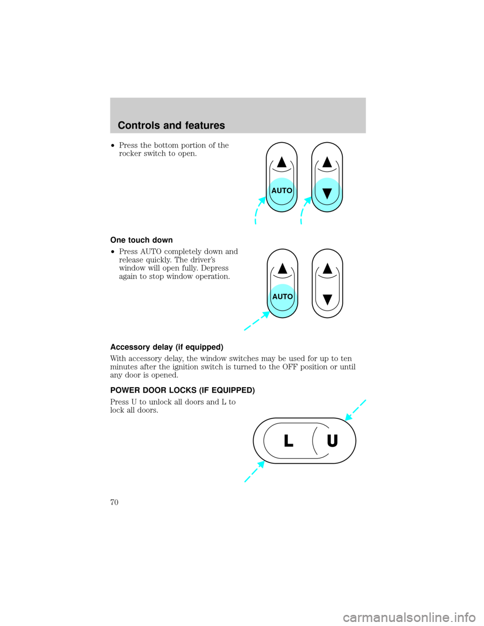 FORD F150 1999 10.G Repair Manual ²Press the bottom portion of the
rocker switch to open.
One touch down
²Press AUTO completely down and
release quickly. The drivers
window will open fully. Depress
again to stop window operation.
A