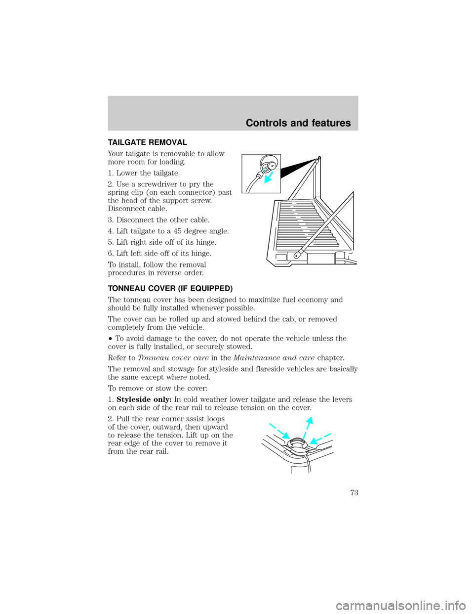FORD F150 1999 10.G Manual PDF TAILGATE REMOVAL
Your tailgate is removable to allow
more room for loading.
1. Lower the tailgate.
2. Use a screwdriver to pry the
spring clip (on each connector) past
the head of the support screw.
D