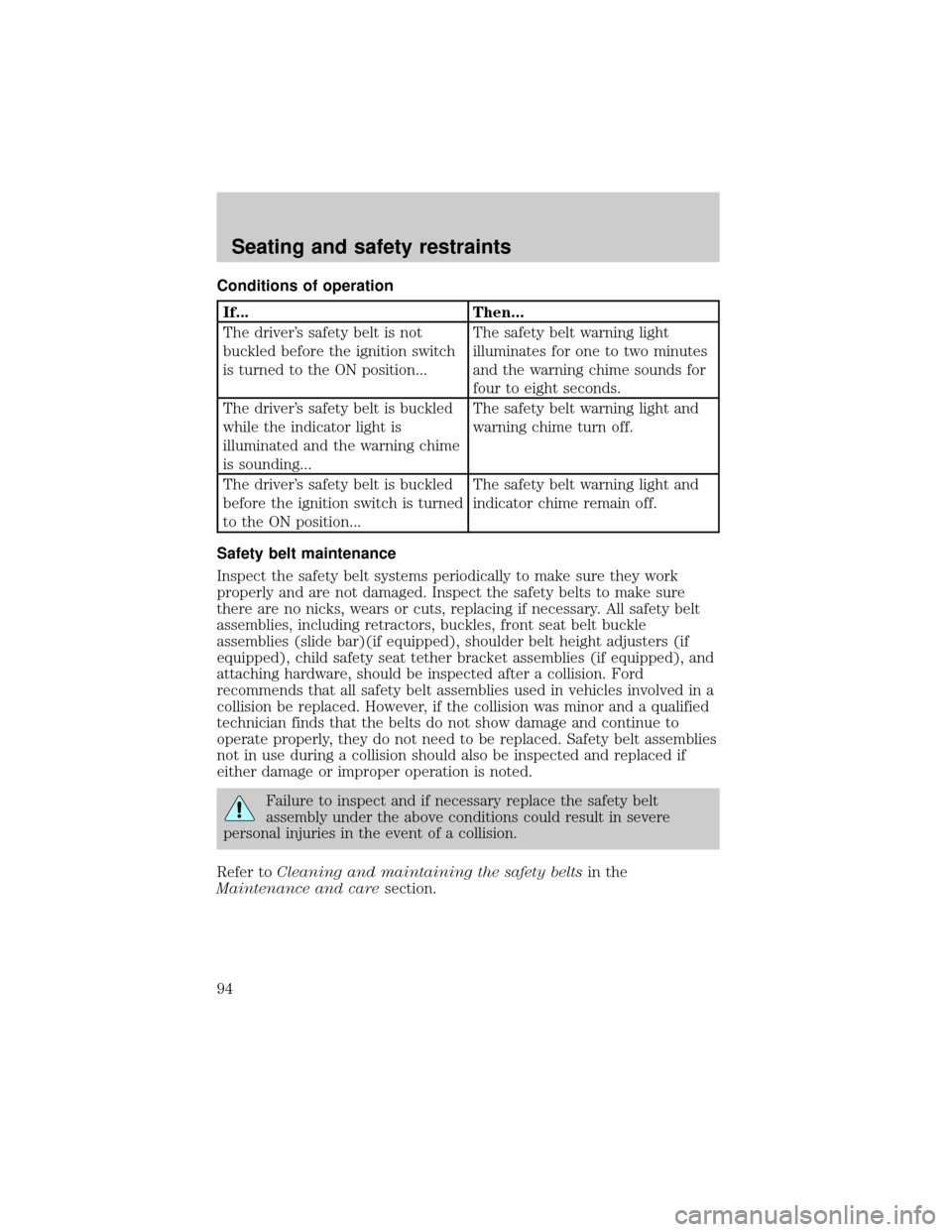 FORD F150 1999 10.G Owners Manual Conditions of operation
If... Then...
The drivers safety belt is not
buckled before the ignition switch
is turned to the ON position...The safety belt warning light
illuminates for one to two minutes