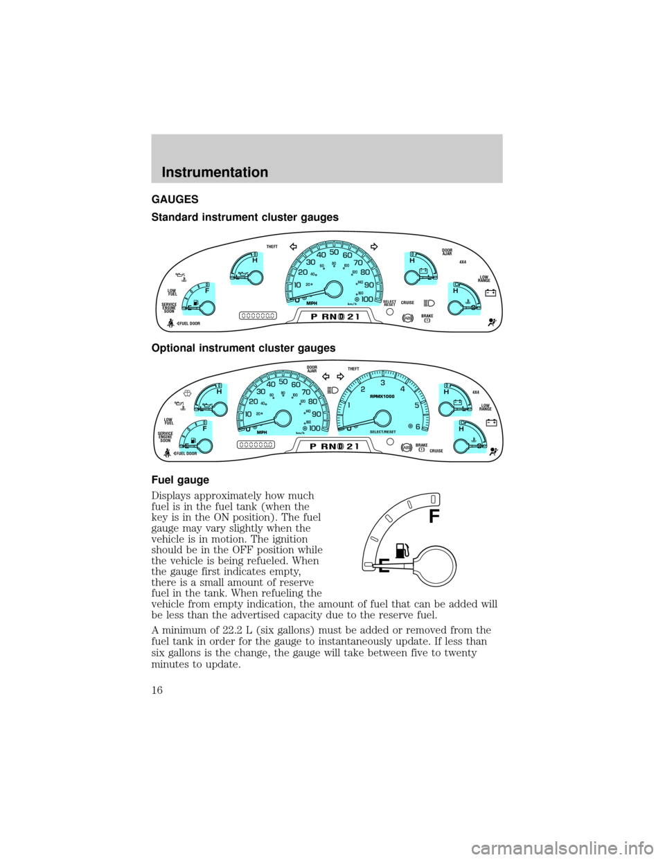FORD F150 2000 10.G Owners Manual GAUGES
Standard instrument cluster gauges
Optional instrument cluster gauges
Fuel gauge
Displays approximately how much
fuel is in the fuel tank (when the
key is in the ON position). The fuel
gauge ma