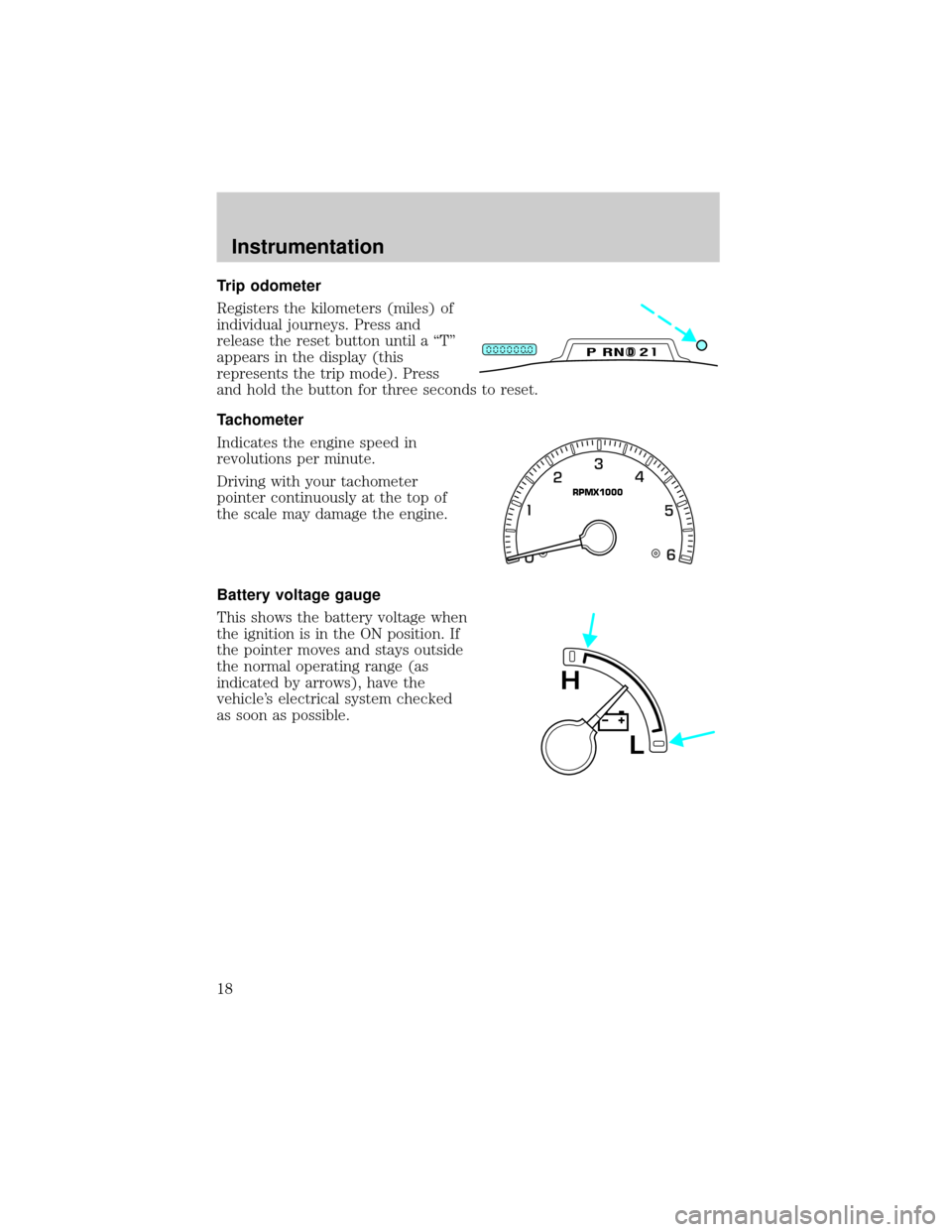 FORD F150 2000 10.G User Guide Trip odometer
Registers the kilometers (miles) of
individual journeys. Press and
release the reset button until a ªTº
appears in the display (this
represents the trip mode). Press
and hold the butto FORD F150 2000 10.G User Guide Trip odometer
Registers the kilometers (miles) of
individual journeys. Press and
release the reset button until a ªTº
appears in the display (this
represents the trip mode). Press
and hold the butto