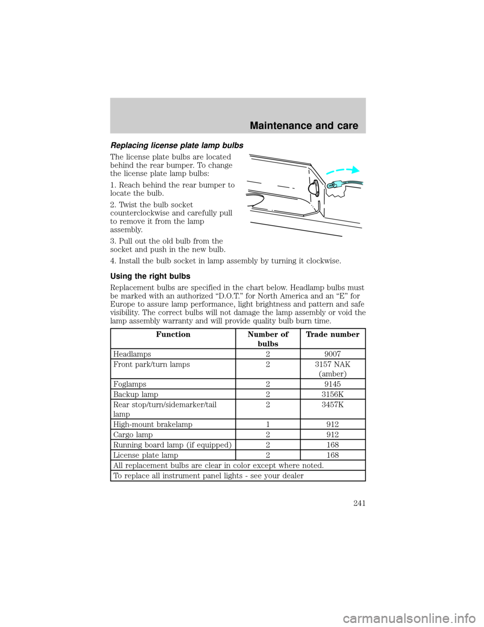 FORD F150 2000 10.G Owners Manual Replacing license plate lamp bulbs
The license plate bulbs are located
behind the rear bumper. To change
the license plate lamp bulbs:
1. Reach behind the rear bumper to
locate the bulb.
2. Twist the 