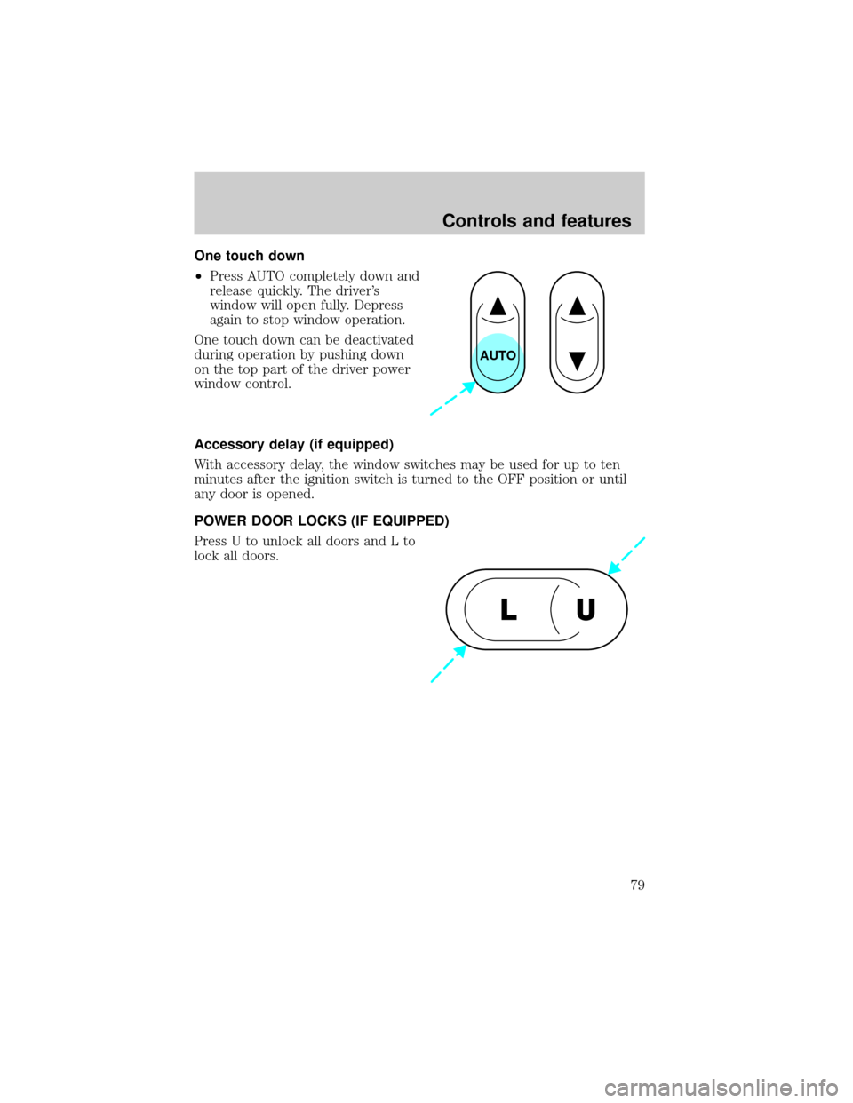 FORD F150 2000 10.G Owners Manual One touch down
²Press AUTO completely down and
release quickly. The drivers
window will open fully. Depress
again to stop window operation.
One touch down can be deactivated
during operation by push