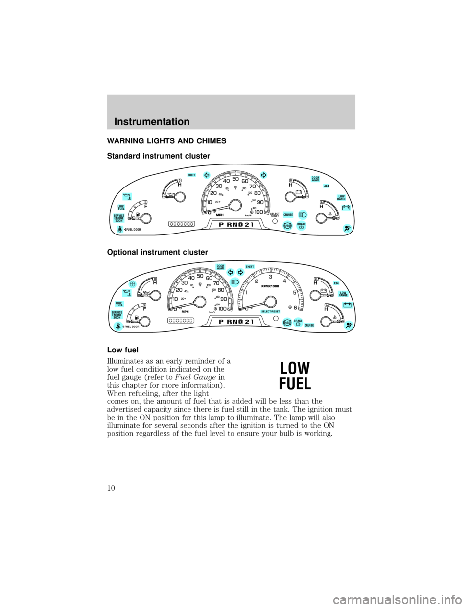 FORD F150 2000 10.G Owners Manual WARNING LIGHTS AND CHIMES
Standard instrument cluster
Optional instrument cluster
Low fuel
Illuminates as an early reminder of a
low fuel condition indicated on the
fuel gauge (refer toFuel Gaugein
th FORD F150 2000 10.G Owners Manual WARNING LIGHTS AND CHIMES
Standard instrument cluster
Optional instrument cluster
Low fuel
Illuminates as an early reminder of a
low fuel condition indicated on the
fuel gauge (refer toFuel Gaugein
th