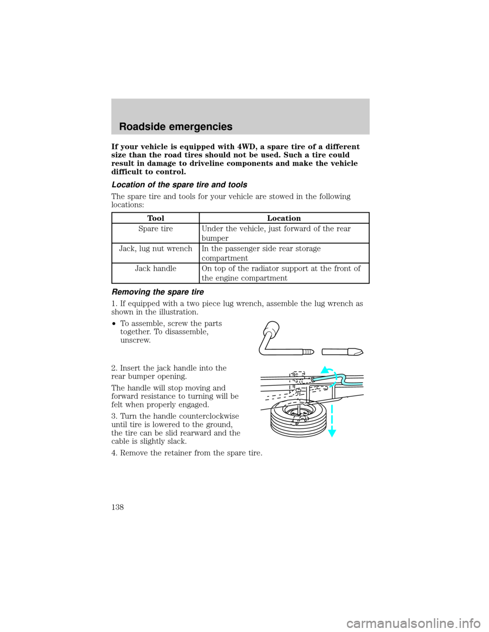 FORD F150 2001 10.G Owners Manual If your vehicle is equipped with 4WD, a spare tire of a different
size than the road tires should not be used. Such a tire could
result in damage to driveline components and make the vehicle
difficult FORD F150 2001 10.G Owners Manual If your vehicle is equipped with 4WD, a spare tire of a different
size than the road tires should not be used. Such a tire could
result in damage to driveline components and make the vehicle
difficult