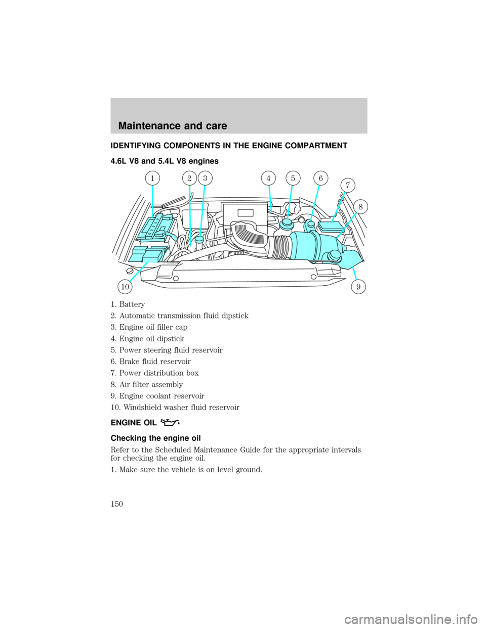 FORD F150 2001 10.G Owners Manual IDENTIFYING COMPONENTS IN THE ENGINE COMPARTMENT
4.6L V8 and 5.4L V8 engines
1. Battery
2. Automatic transmission fluid dipstick
3. Engine oil filler cap
4. Engine oil dipstick
5. Power steering fluid