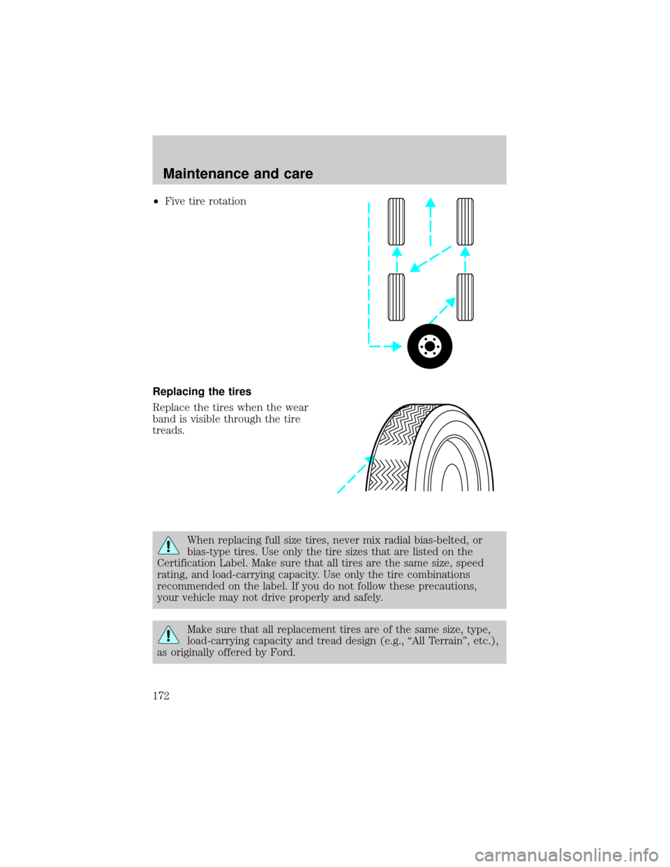 FORD F150 2001 10.G Owners Manual ²Five tire rotation
Replacing the tires
Replace the tires when the wear
band is visible through the tire
treads.
When replacing full size tires, never mix radial bias-belted, or
bias-type tires. Use 