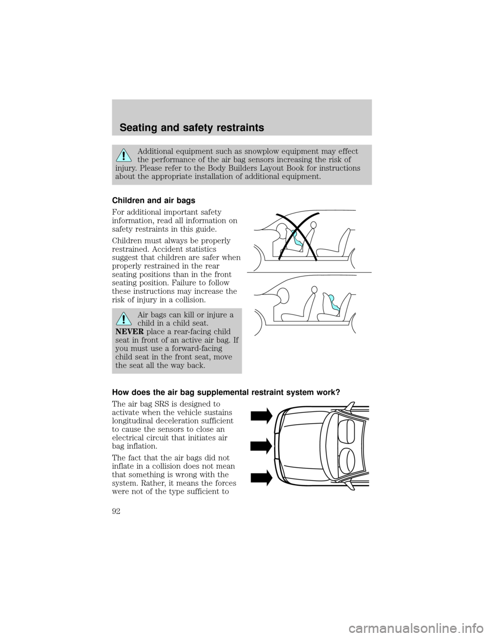 FORD F150 2001 10.G Owners Manual Additional equipment such as snowplow equipment may effect
the performance of the air bag sensors increasing the risk of
injury. Please refer to the Body Builders Layout Book for instructions
about th