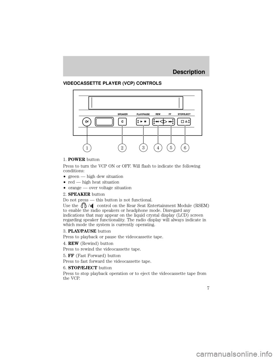 FORD F150 2001 10.G Rear Seat Entertainment System Manual VIDEOCASSETTE PLAYER (VCP) CONTROLS
1.POWERbutton
Press to turn the VCP ON or OFF. Will flash to indicate the following
conditions:
²green Ð high dew situation
²red Ð high heat situation
²orange 