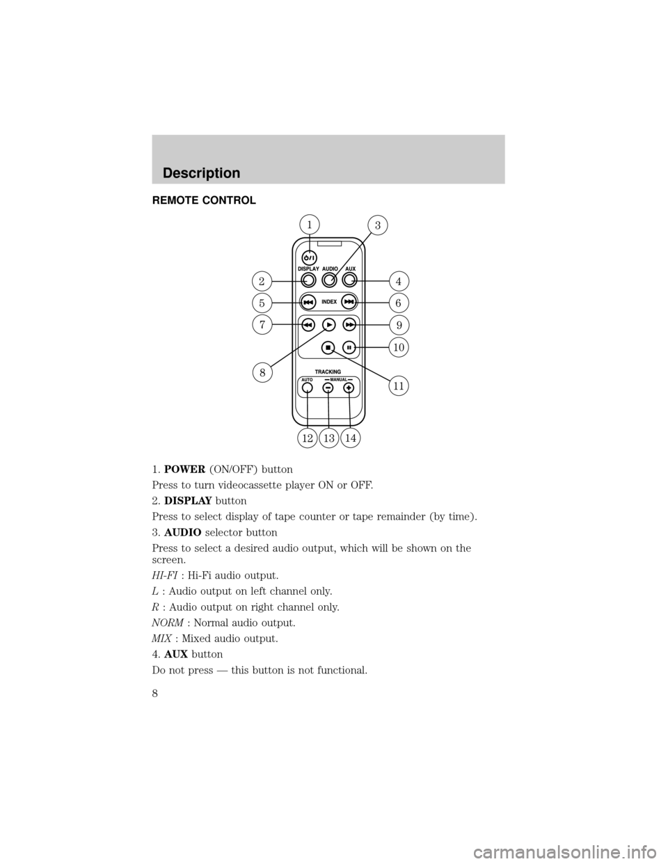 FORD F150 2001 10.G Rear Seat Entertainment System Manual REMOTE CONTROL
1.POWER(ON/OFF) button
Press to turn videocassette player ON or OFF.
2.DISPLAYbutton
Press to select display of tape counter or tape remainder (by time).
3.AUDIOselector button
Press to FORD F150 2001 10.G Rear Seat Entertainment System Manual REMOTE CONTROL
1.POWER(ON/OFF) button
Press to turn videocassette player ON or OFF.
2.DISPLAYbutton
Press to select display of tape counter or tape remainder (by time).
3.AUDIOselector button
Press to
