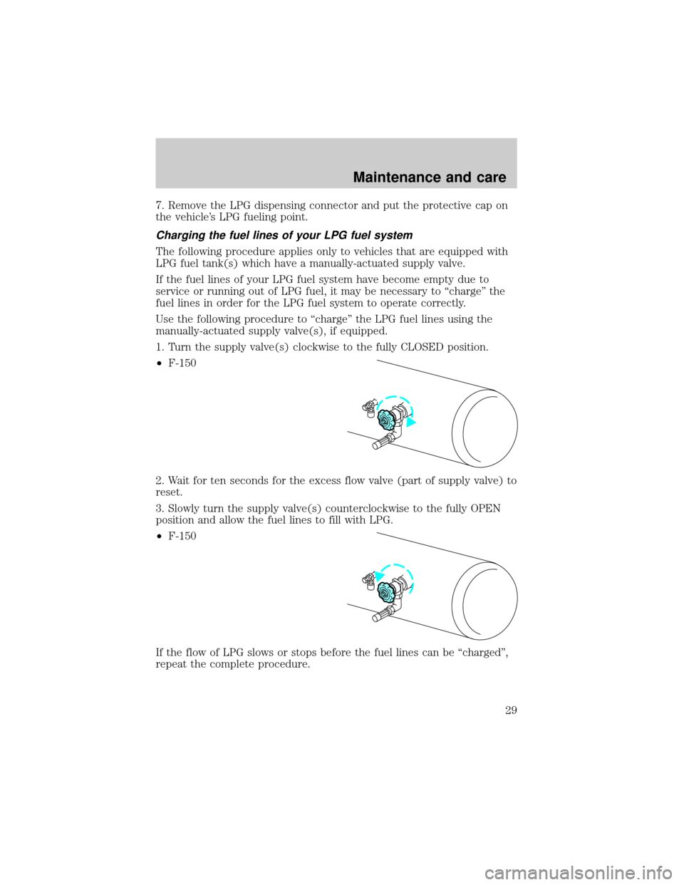 FORD F150 2002 10.G Bi Fuel Supplement Manual 7. Remove the LPG dispensing connector and put the protective cap on
the vehicles LPG fueling point.
Charging the fuel lines of your LPG fuel system
The following procedure applies only to vehicles t