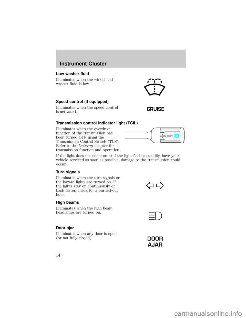 FORD F150 2002 10.G Owners Manual Low washer fluid
Illuminates when the windshield
washer fluid is low.
Speed control (if equipped)
Illuminates when the speed control
is activated.
Transmission control indicator light (TCIL)
Illuminat